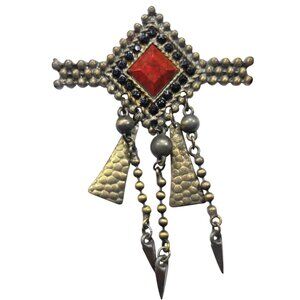 Vtg Brass Brooch Red orange Black Hammered Metal Charms southwest jewelry